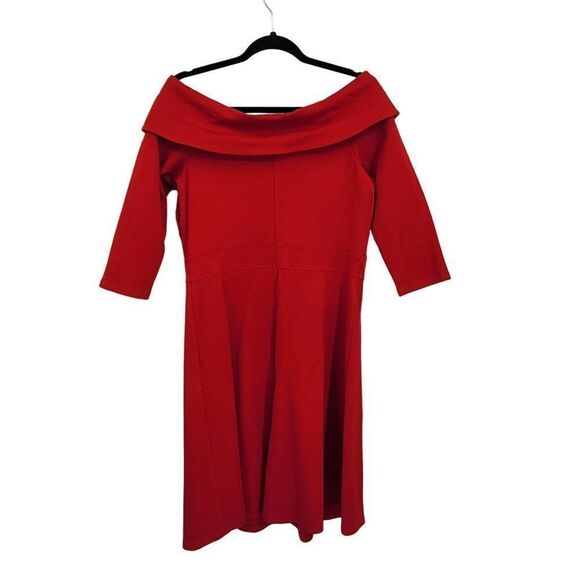 Boston Proper Dress Off Shoulder 3/4 Sleeve Tea Length Fit & Flare Stretch Red M - Picture 1 of 12
